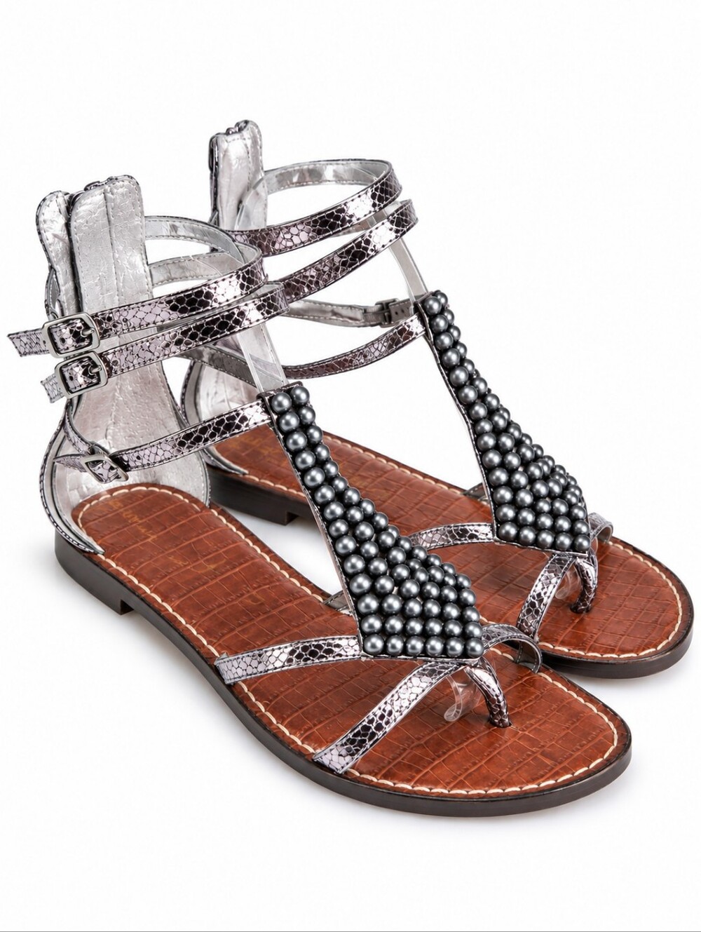 Sam Edelman Ginger Gladiator Sandals Women’s Size 8 Pewter Metallic Studded Zip